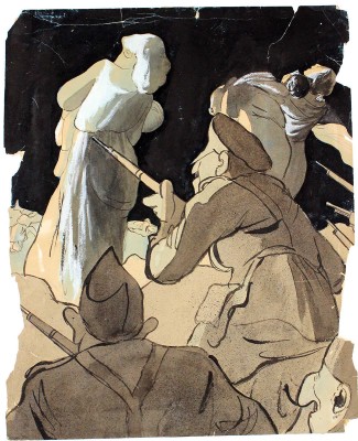Бродаты Лев Григорьевич. Иллюстрация для журнала «Крокодил», 1927, № 13 «Кастильские рыцари: - Женщины вперед!»